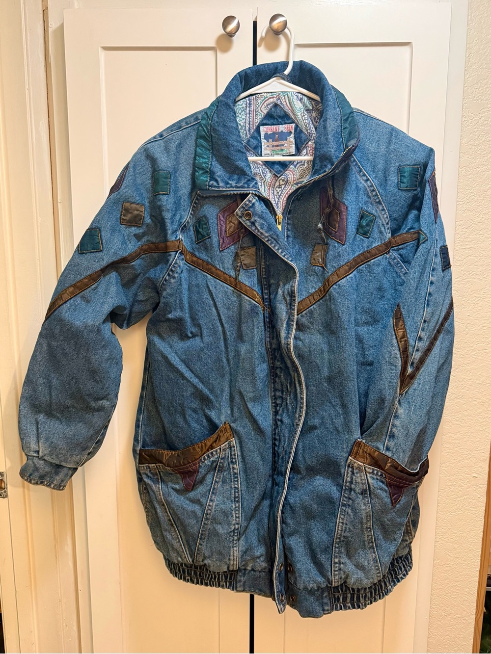Current Seen 90’s Denim Puffer Jacket with Patchwork Accents